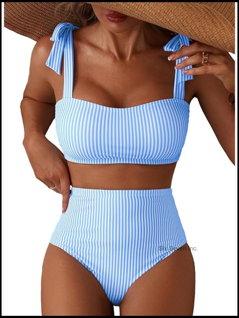 High Waisted Striped Bikini Set With Tie Shoulder Top, Removable Pads